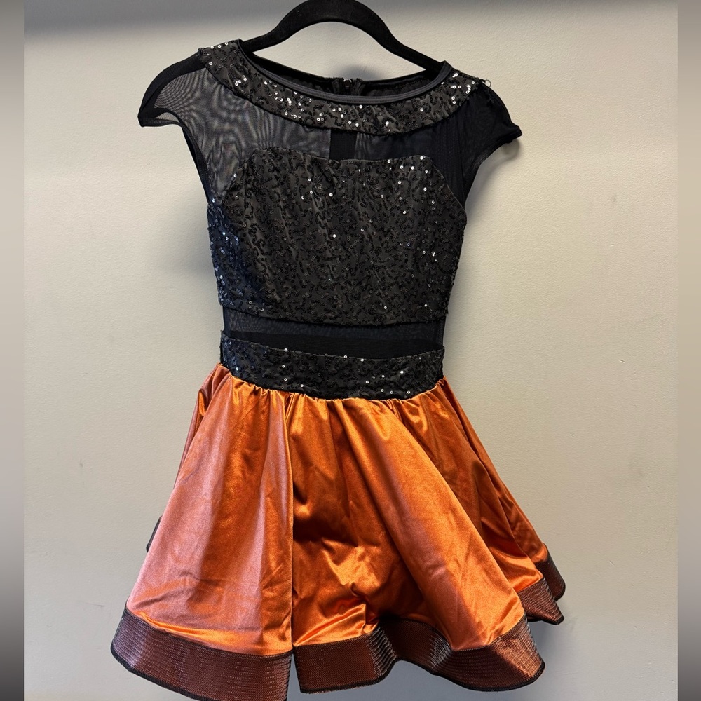 Weissman Black Sequin and Orange Dance Costume LC full skirt booty shorts